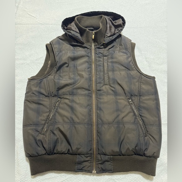 Vintage Structure Men’s Large Brown Nylon Puffer Vest Plaid Hooded Zip Pockets - Picture 9 of 11